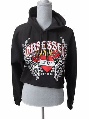 Ruby & Lace Obsession Love Cropped Graphic Hoodie Black Size M NWT